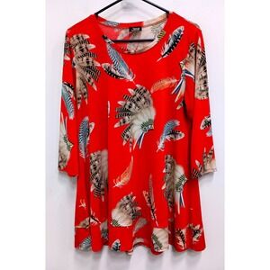 Jostar Wearable Art Tunic Top Women Large Red Feather Boho Western 3/4 Sleeve